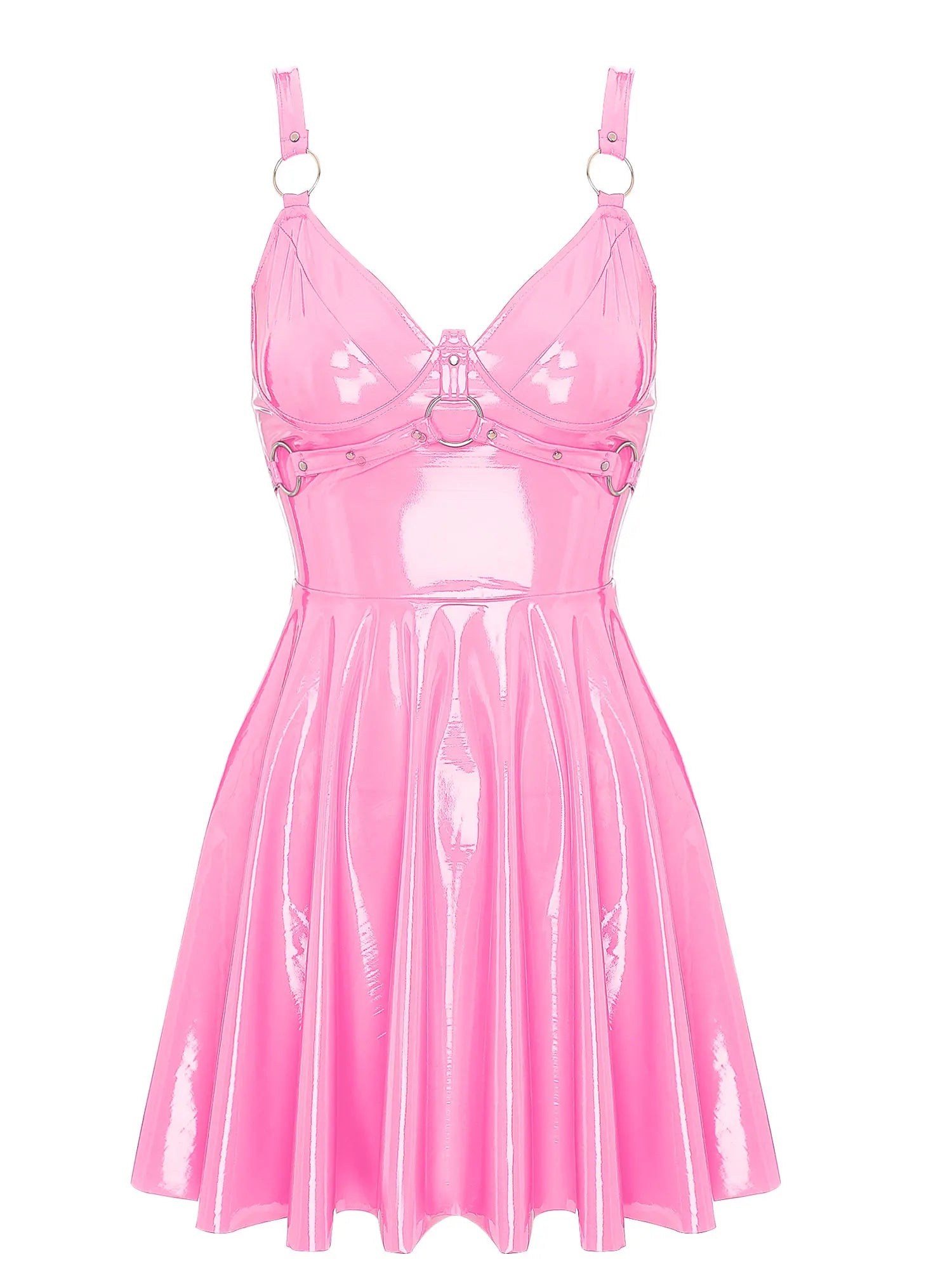 Womens Sexy Wet Look Patent Leather Slip Dress O-Ring Rivets Strappy V Neck Gothic Punk A-Line Mini Dresses Rave Party Clubwear