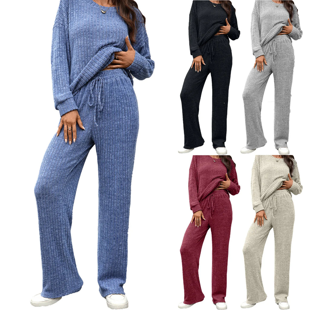 2-piece Set of Women's clothing 2025 new round neck knitted casual long sleeved Tops and long Pants home Suit
