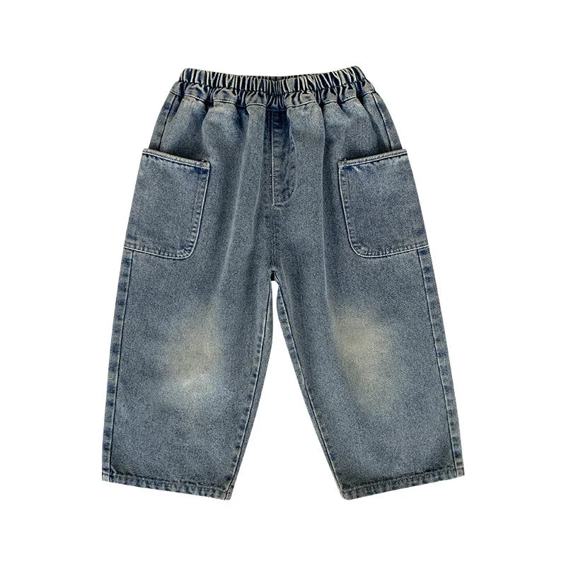 2025 Autumn Kids Pants Boys Pockets Design Denim Trousers Loose Style Baby Girls Jeans 1-6T Trendy Children Grinding White Pants