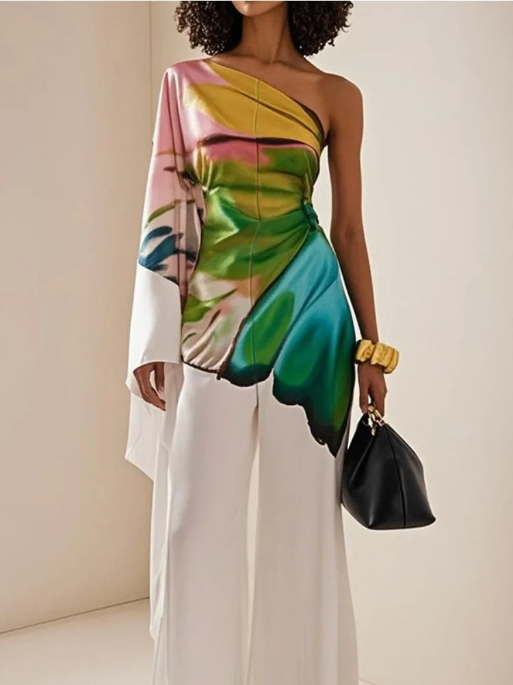 Women's Elegant Jumpsuit One-shoulder Flared Sleeves Wide Leg One-piece Suit 2025 Summer Stylish Butterfly Print Rompers