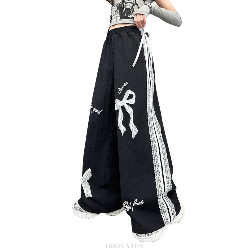 Children Black Casual Pants With Lace Bow For Girls Spring Fashion Lace Tousers Kids Loose Casual Wide Leg Sweatpants Streetwear