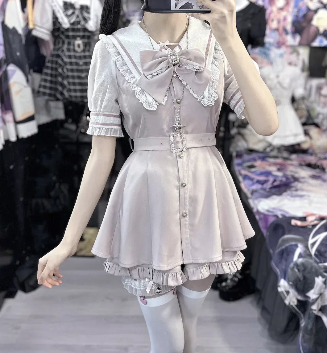 Japanese Style Mine Mass-Produced Girls JK Shorts Set New Autumn Sweet Women Short Sleeve Lace Bow Shirt and Shorts Outfits