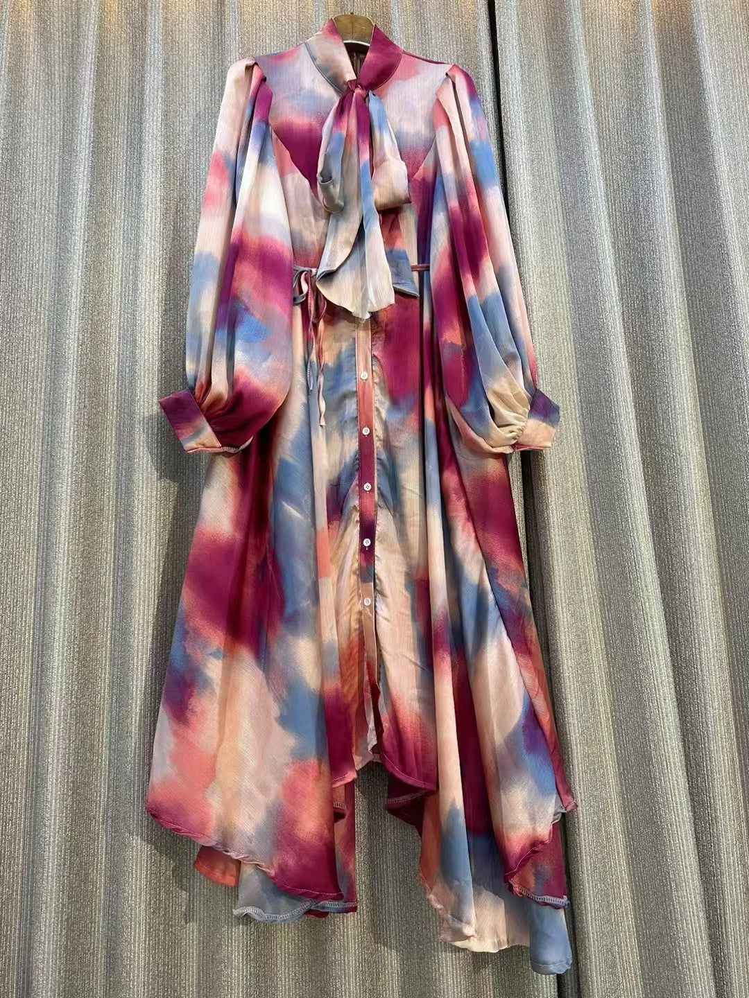 Clearance Temperament Women Lantern Long Sleeves O-Neck Slim Single Breasted Print Maxi Dress Elegant Vintage Chic Spring Dress