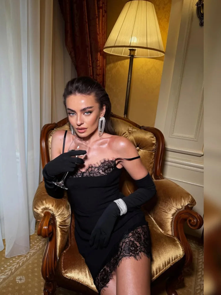 Black Lace Trim See Through Camisole Dress Women Waist Cinched Slim Fit Sleeveless Vestidos 2026 Lady Daily Party Short Gowns