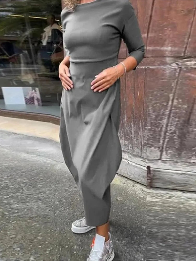 Dress For Women Slouchy Fashion Solid Color Long Dresses Loose Round Neck Long Sleeve Vintage Comfortable Vestidos Para Mujer