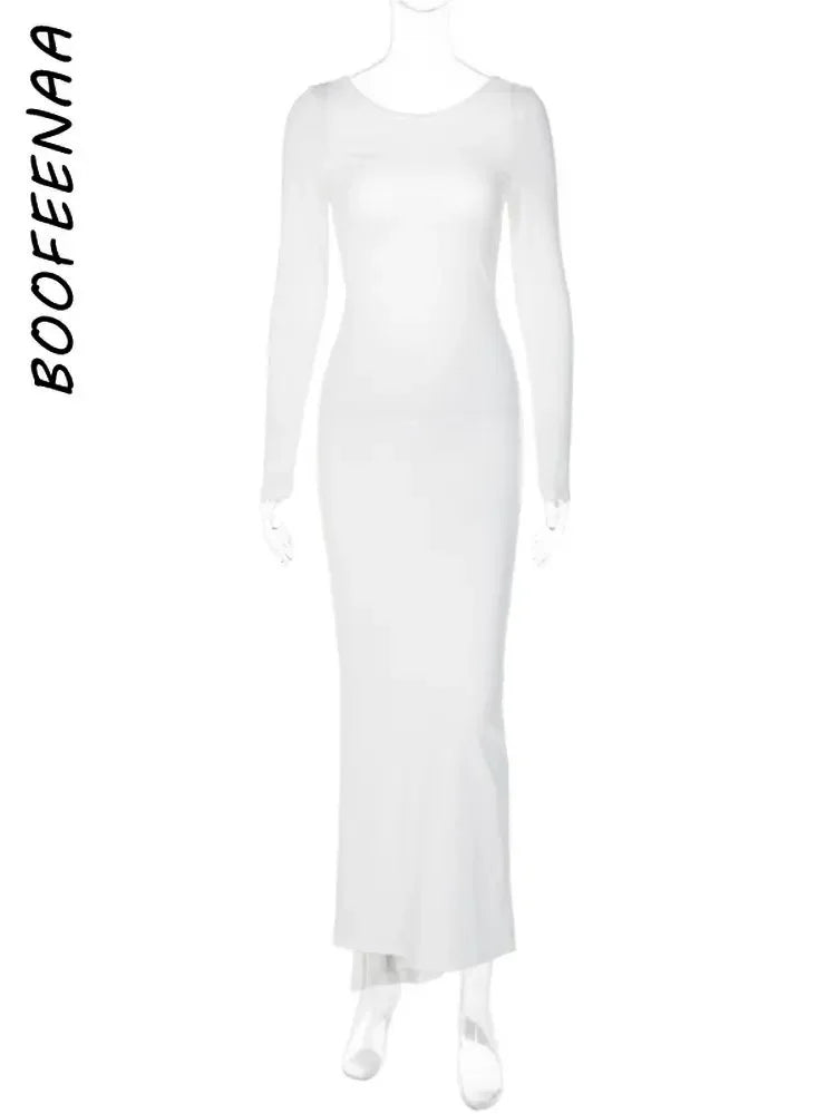 BOOFEENAA Pleated Open Back Long Sleeve Maxi Dress for Birthday Women Black White Elegant Evening Gown Party Dresses C15-BI37