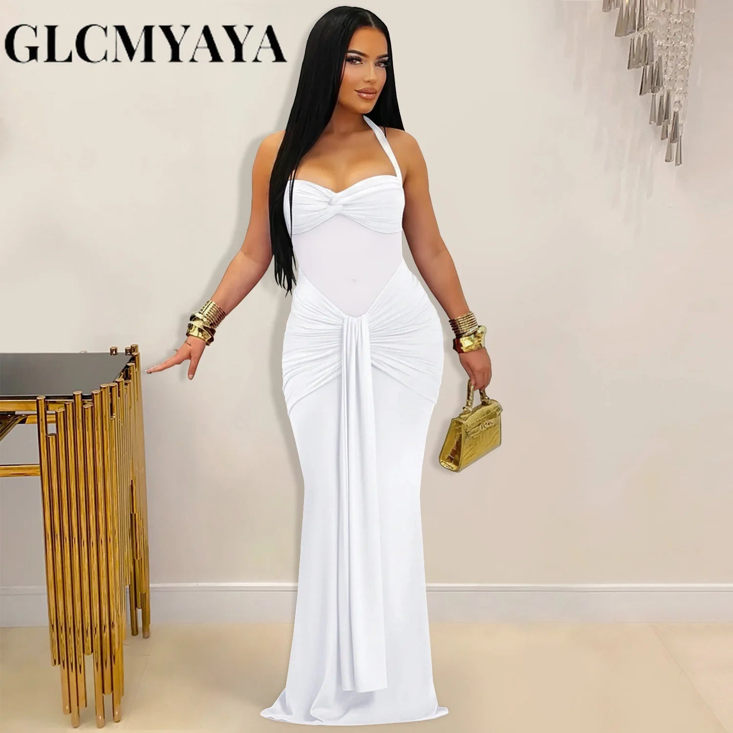 CM.YAYA Women Off Shoulder Halter Lace Up Ruched Bodycon Maxi Dress 2026 Birthday Evening Sexy Party Long Dresses Vestidos
