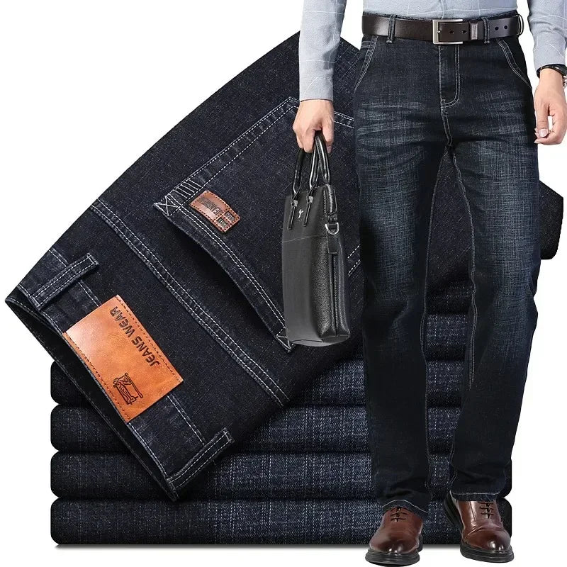 2026 New Men's Stretch Regular Fit Jeans Business Casual Classic Style Fashion Denim Trousers Male Black Blue Gray Pants
