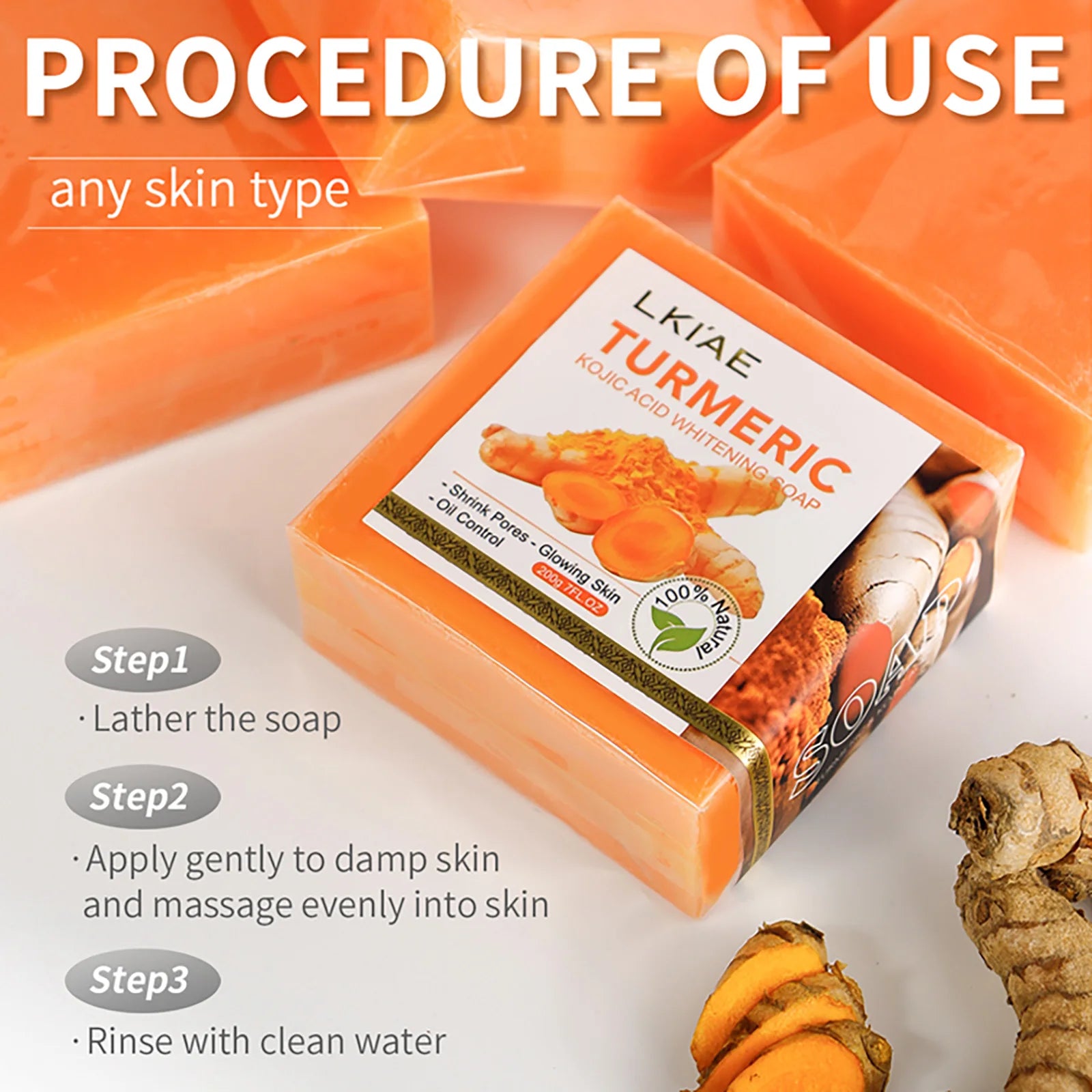 Natural Turmeric Whitening Soap Bar, Clean Skin, Remove Dark Spots, Acne, Hyperpigmentation, Smooth Skin, For Face & Body, 200g