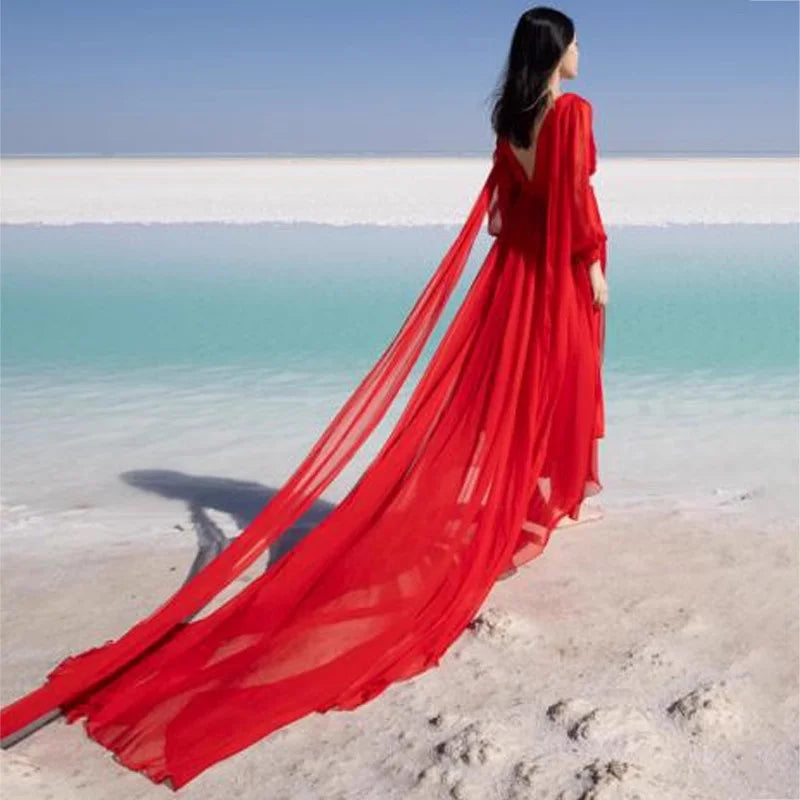 2026 Spring/Summer Silk Dress with Charm Seaside Vacation Beach Dress Red Extra Long Tailed Long Dress White Elegant And Gracefu