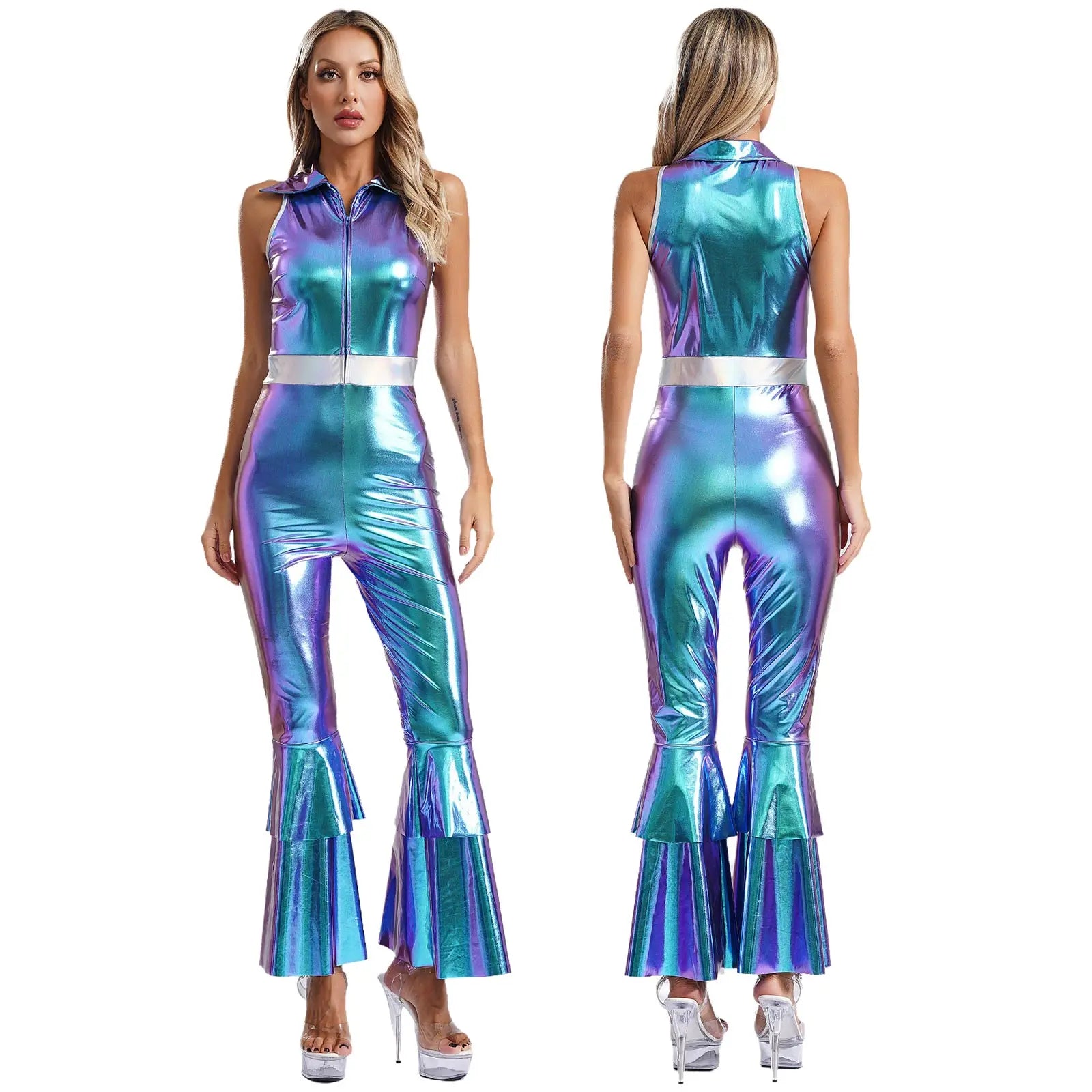 70 80s Disco Classical Vintage Jumpsuit Women Shiny Metallic High Waist Flared Bell-bottomed Rompers Playsuits for Dance Cosplay