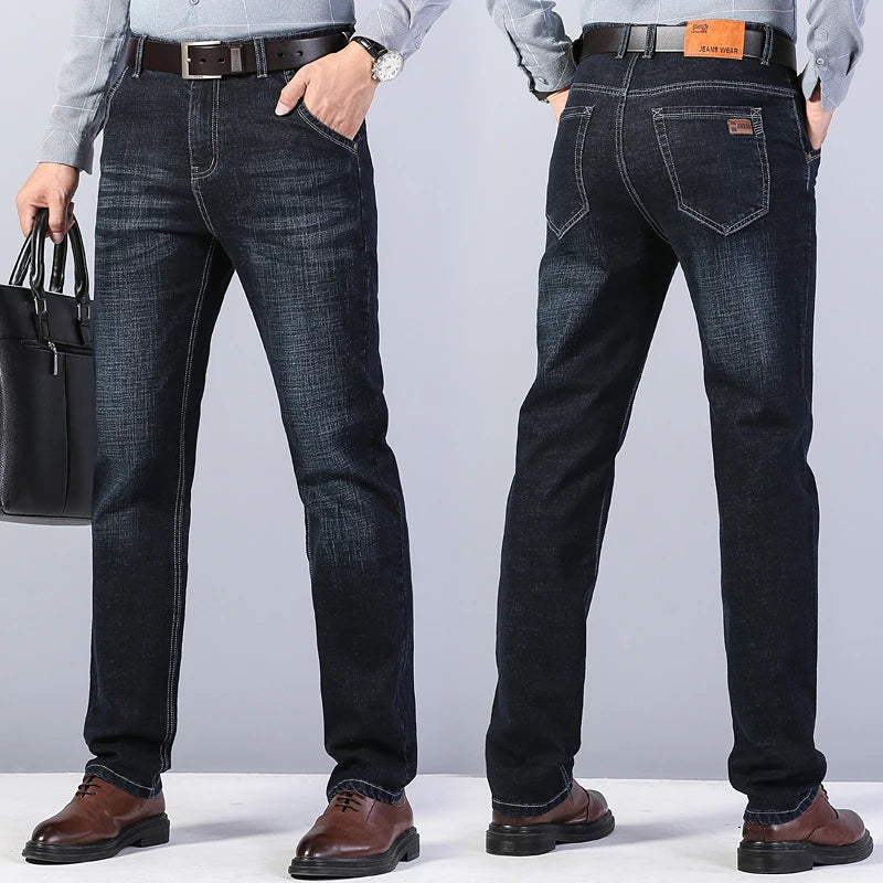 2026 New Men's Stretch Regular Fit Jeans Business Casual Classic Style Fashion Denim Trousers Male Black Blue Gray Pants