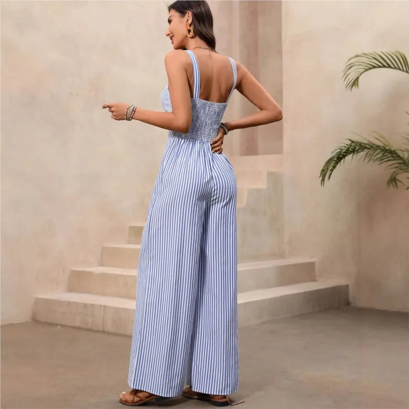 2026 new women's jumpsuit with elegant striped suspender comfortable hollow out fashionabl ev-neck sweet and versatile jumpsuit