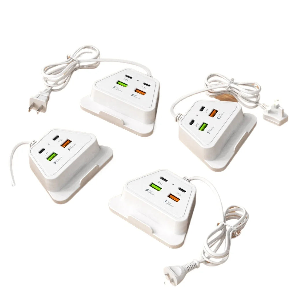 4 in 1 Desktop Charging Station 2PD 2USB Fast Charger Power Strip with EU UK US Plug USB Hub Adapter Socket for Multiple Devices