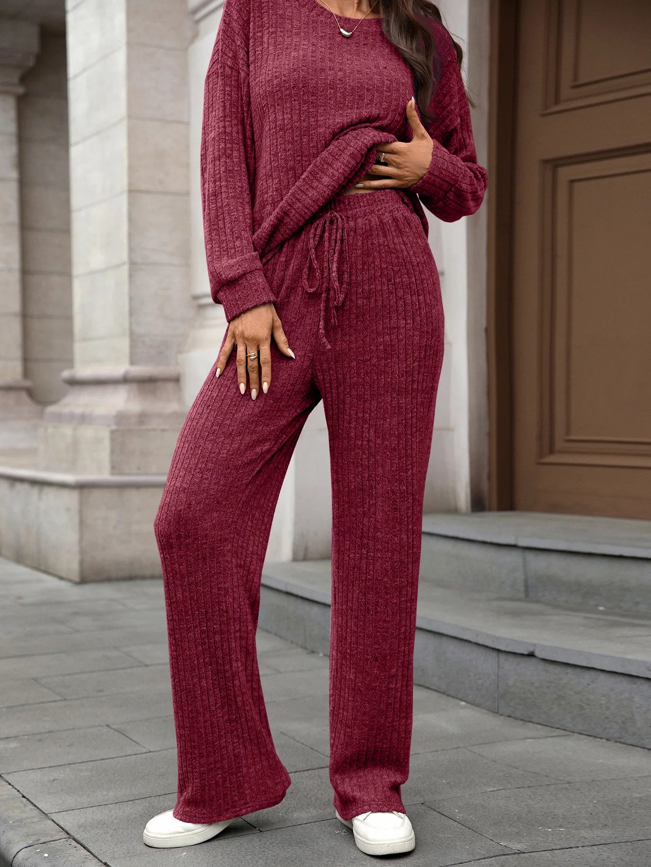 2-piece Set of Women's clothing 2025 new round neck knitted casual long sleeved Tops and long Pants home Suit