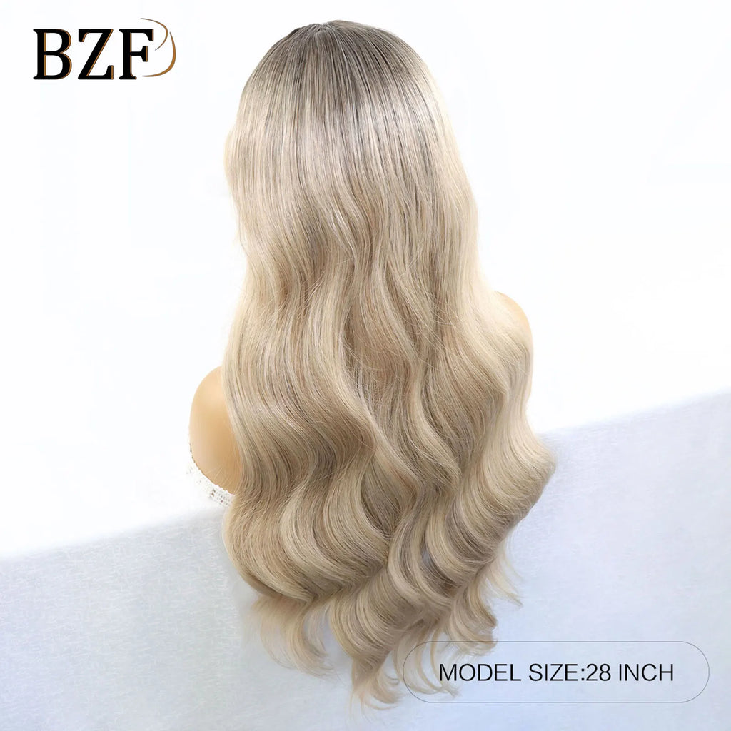 28 Inch Blonde Highlight Synthetic Lace Front Wigs Brown Body Wave Colored Glueless Wig Heat Resistant Hair For Women Daily Use