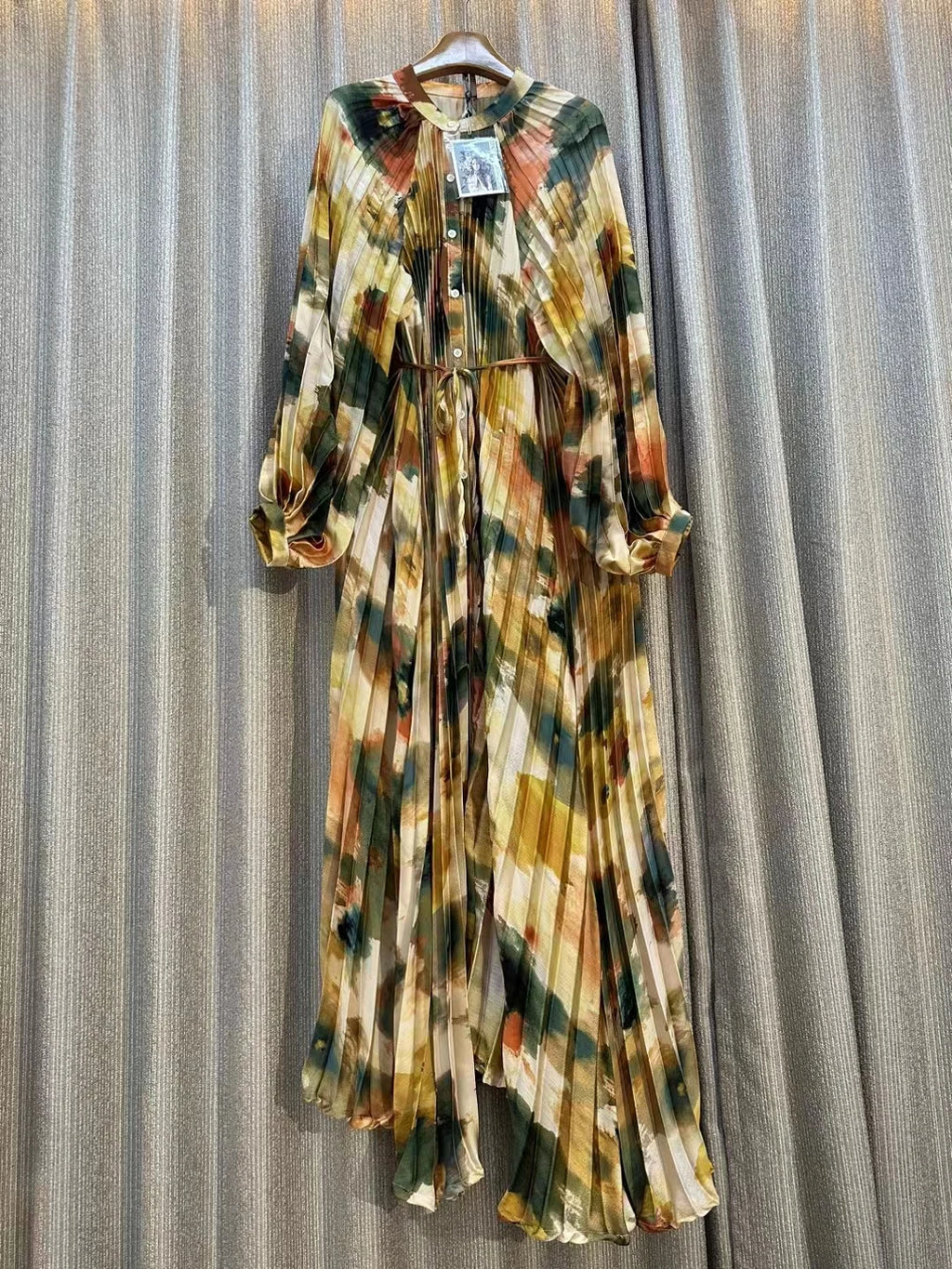 Clearance Temperament Women Lantern Long Sleeves O-Neck Slim Single Breasted Print Maxi Dress Elegant Vintage Chic Spring Dress