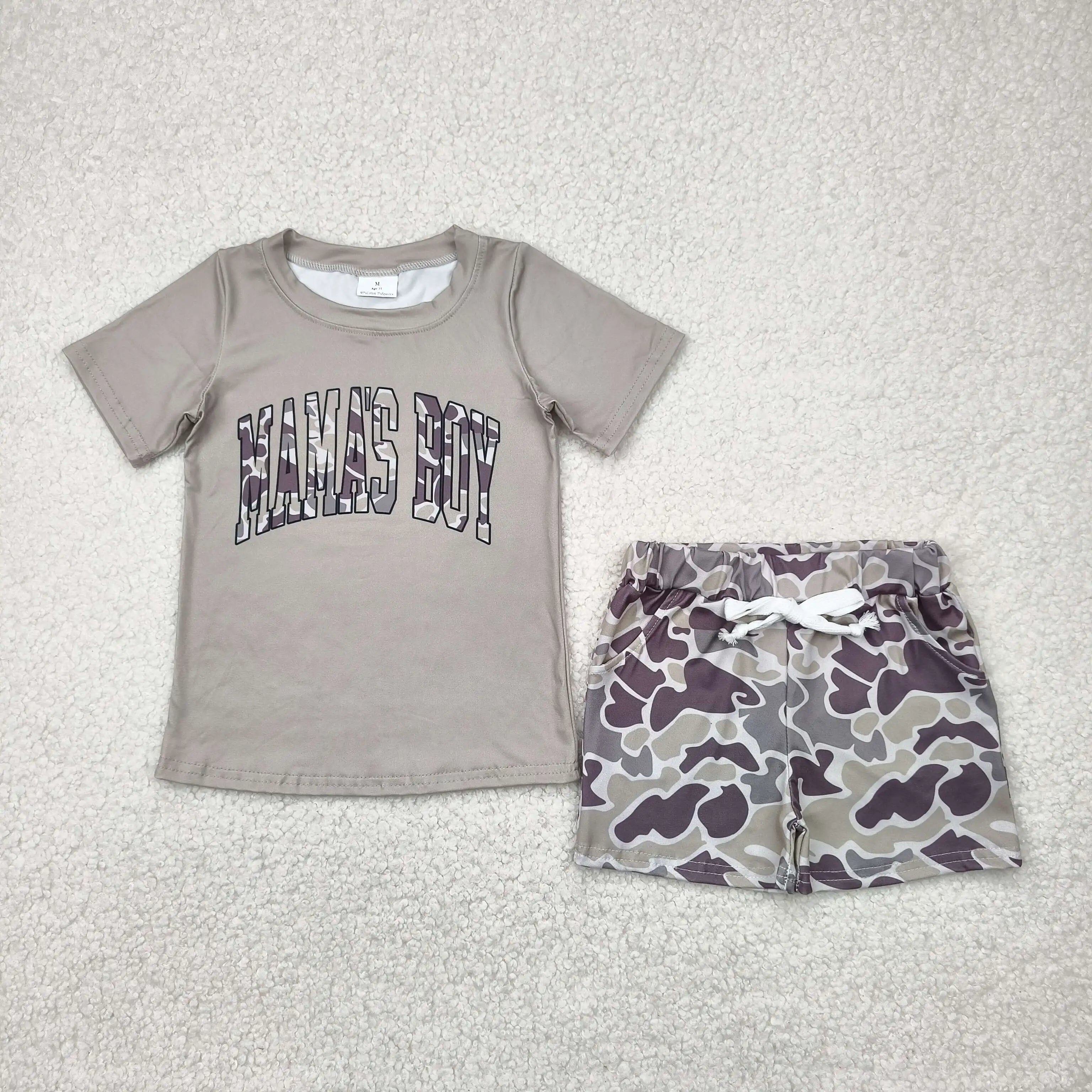 4.21y RTS Western Boys CAMO MAMA'S BOY Vintage Short Sleeve Back to School Pantsuit Children Outfits for Boys