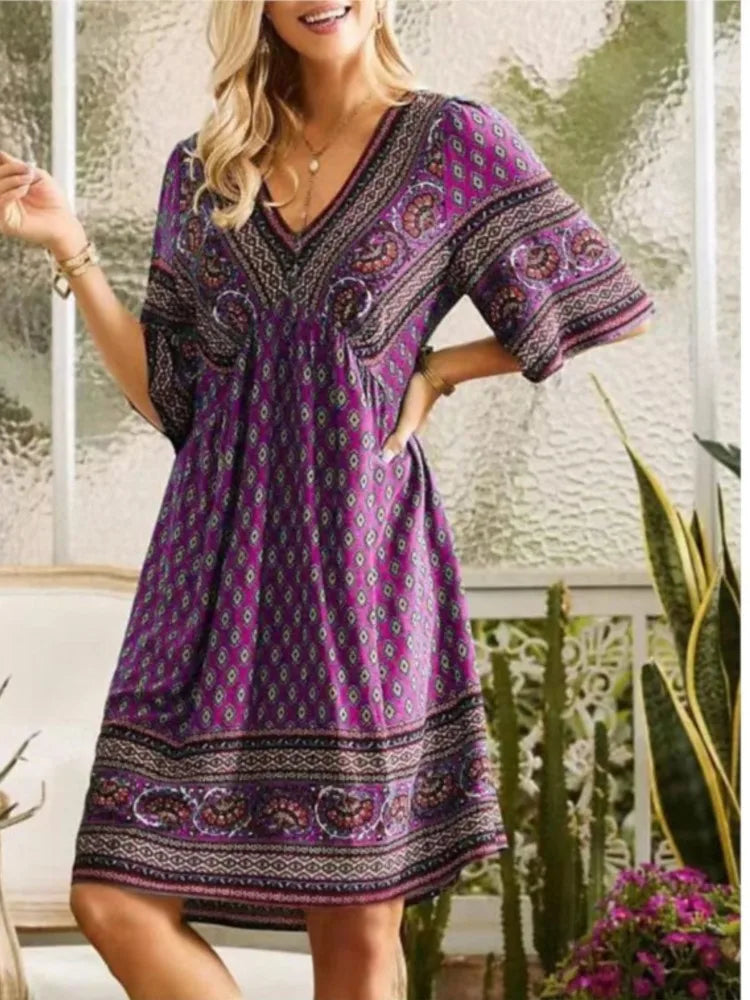 Bohemian Vintage Printed Dress Women's V-Neck Short Sleeved Mini Dresses Elegant Summer Casual Loose Party Dress Robe Femme