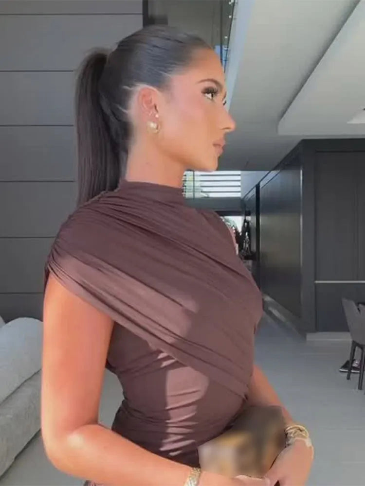 Women Mesh Pleated Sleeveless Mini Dresses 2026 Fashion Round Neck Slim Fit Solid Short Robes Summer Lady Holiday Vestidos New