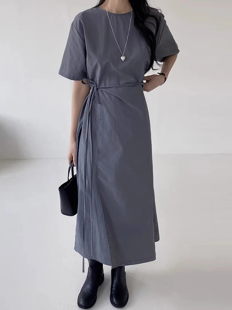 Korean Style Dress For Women Solid Gathered Waist Lace Up Minimalist Versatile Female Dresses 2024 Summer New