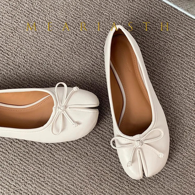 Tabi Shoes Ballet Falts Leather Ballerina Shoes For Women Split Toe Flats Tabi Shoes Slip On Soft Bottom Moccasins with Bowknot
