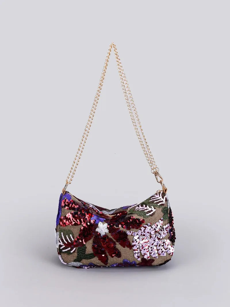 Cute Flower Embroidery Women Shoulder Bags Fashion Sequin Chains Crossbody Bag Summer Casual Beach Bag Hobos Handbag and Purse