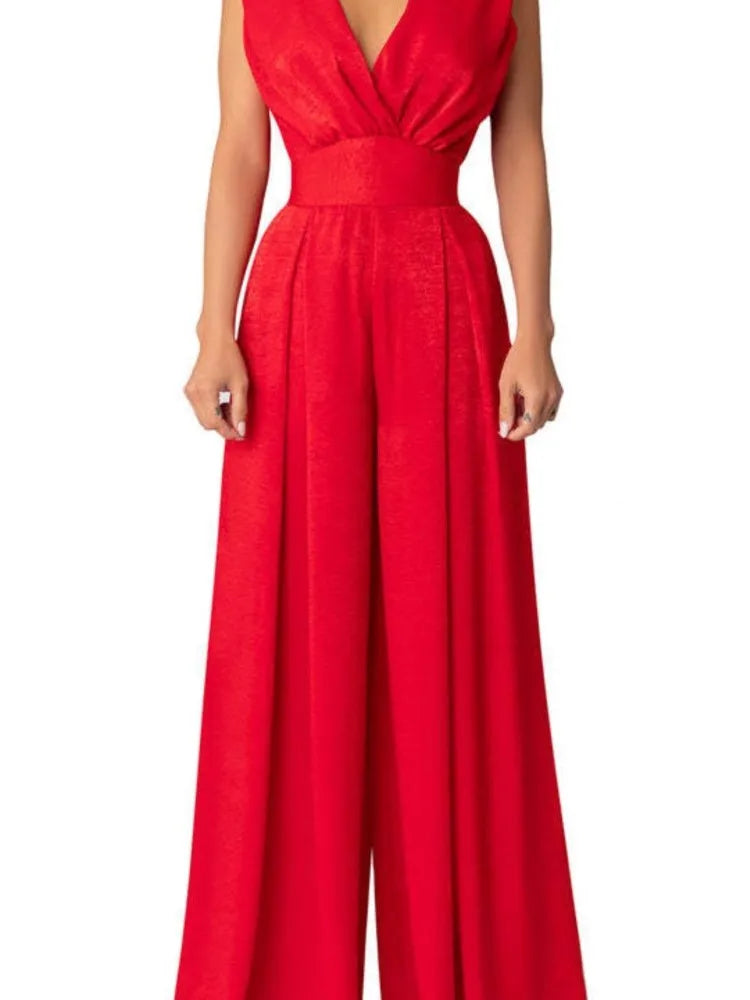 Jumpsuit Women Summer New Sleeveless Sexy Deep V-neck Solid Color High Waist Wide Leg Jumpsuits Elegant Commuting Lady Playsuits