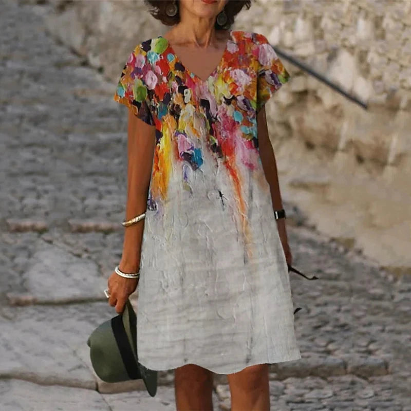 3D Peacock Floral Print Dresses For Summer 2022 New Women Fashion Short Sleeve V-Neck Loose Dress Vintage Oversized Ladies Dress