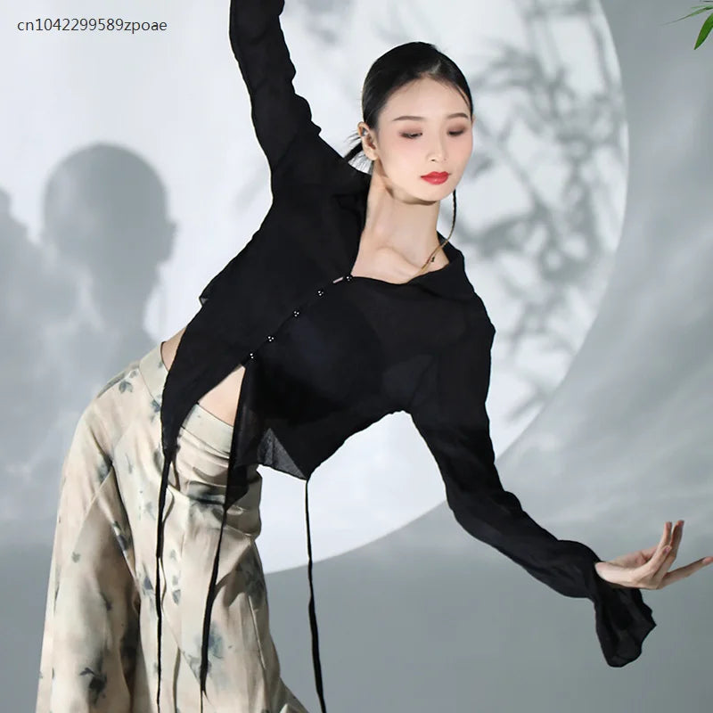 National Style Beautiful Classical Dance Clothes For Women Elegant Long Sleeve Black Tops Loose Skirts And Pants Ethnic Style
