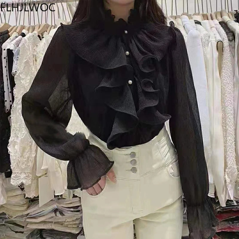 2023 Women Korean Style Design Clothes Flare Sleeve Elegant Office Lady Cute Sweet Basic Shirts Blouses
