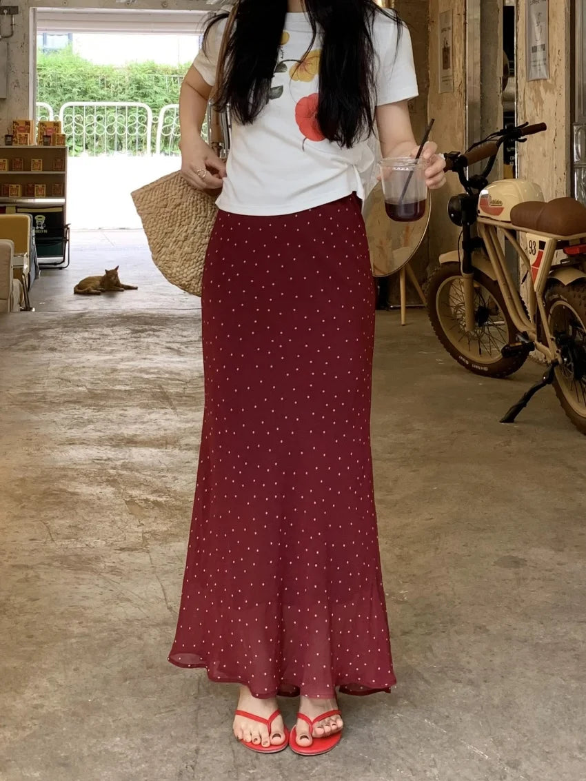 Alien Kitty Polka Dots Women Mermaid Skirts Summer Chiffon New 2025 Sweet Slim Bodycon Daily High Waits Casual Gentle OL