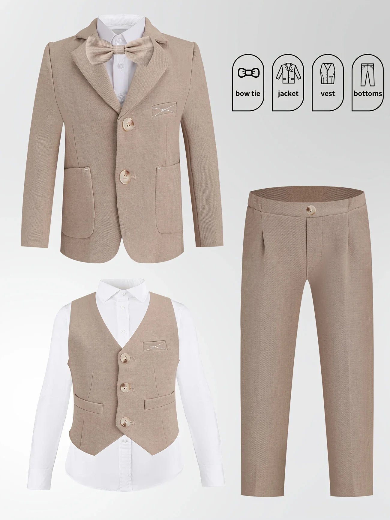 Gentleman Kids Spring White 4Pieces/Set Jacket Vest Pants Bowtie 4Pieces Wedding Suit Boys Photography Dress Children Costume