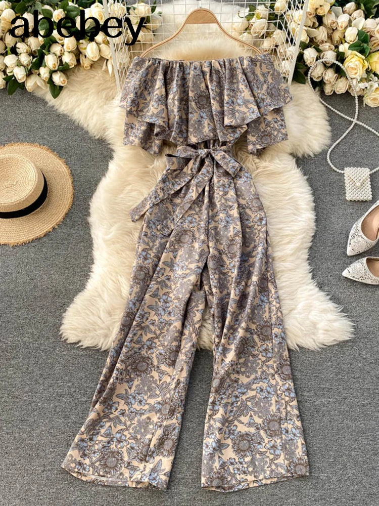 Women Jumpsuit Rompers Summer Casual Floral Print Off Shoulder Ruffles Lace-up Sashes Wide Leg Holidays Loose Jumpsuits