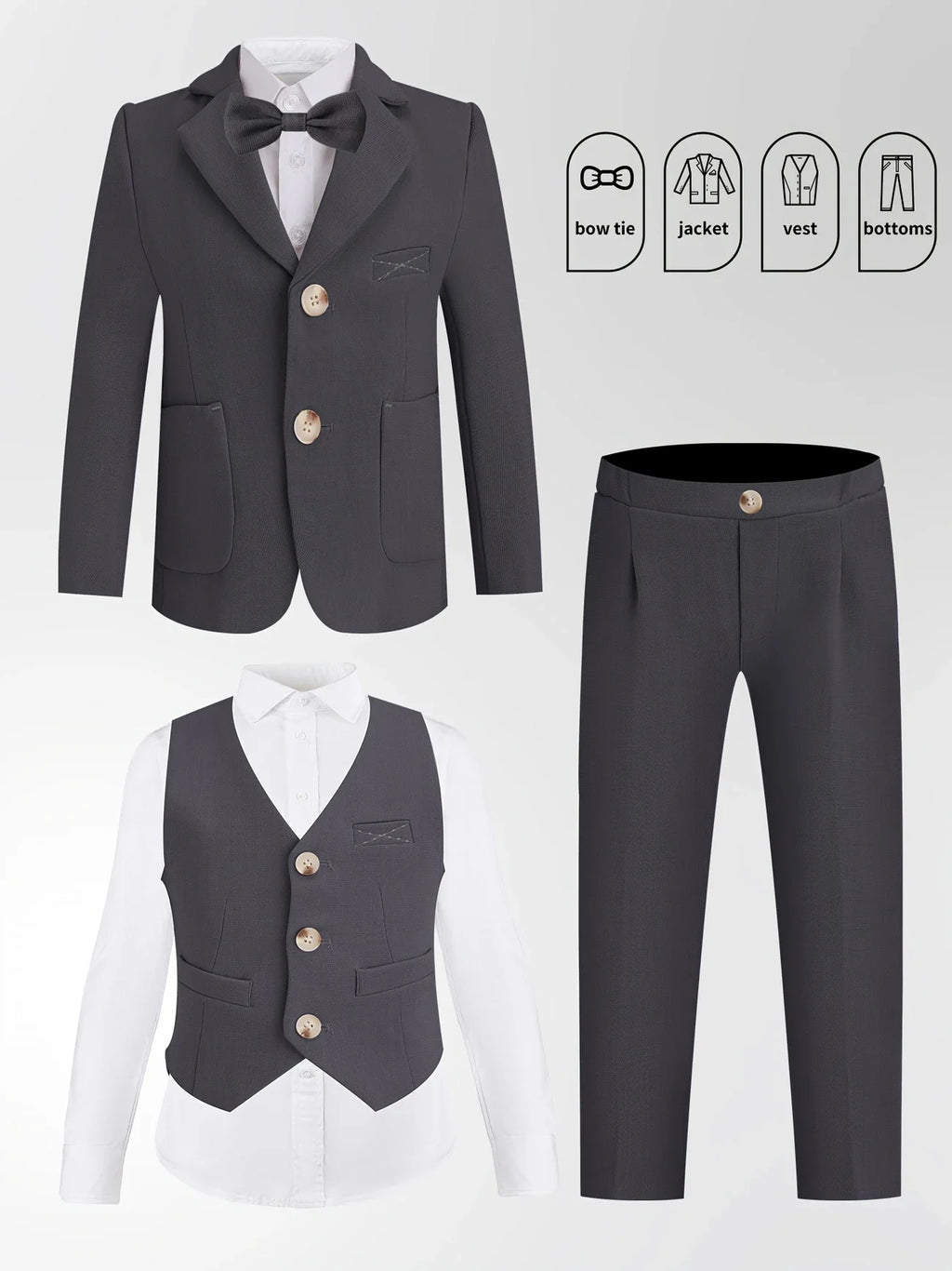 Gentleman Kids Spring White 4Pieces/Set Jacket Vest Pants Bowtie 4Pieces Wedding Suit Boys Photography Dress Children Costume