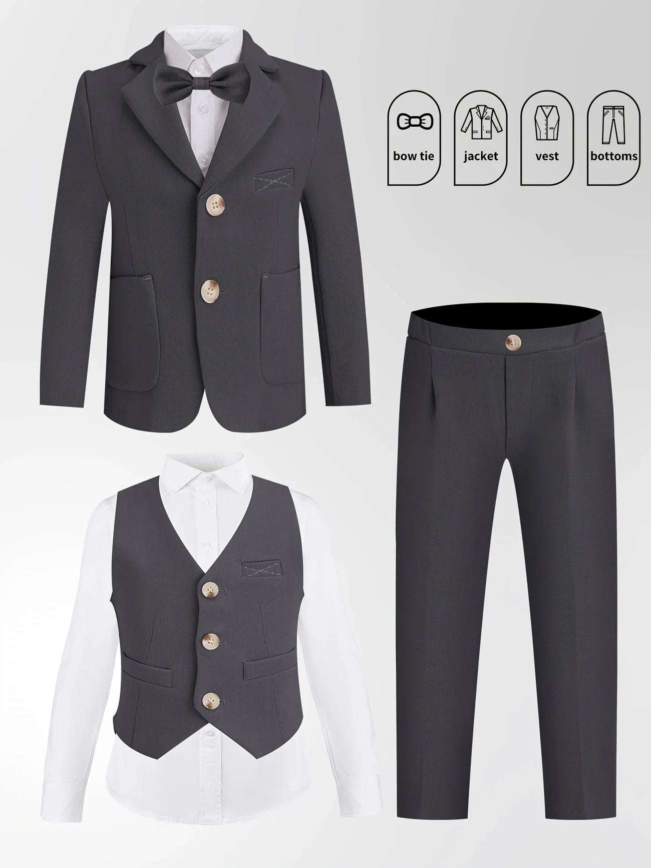 Gentleman Kids Spring White 4Pieces/Set Jacket Vest Pants Bowtie 4Pieces Wedding Suit Boys Photography Dress Children Costume