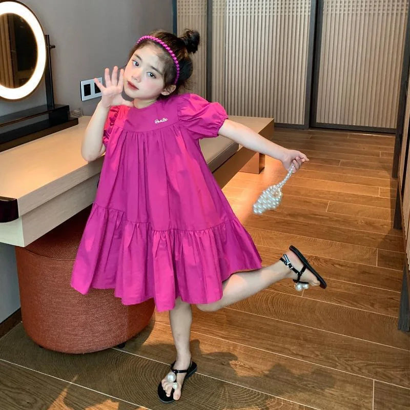 Summer Girls Dress Spring Children Sweet Princess Gown Kids Casual Short-sleeve Vestidos Baby Girl Solid Color Clothing Dresses