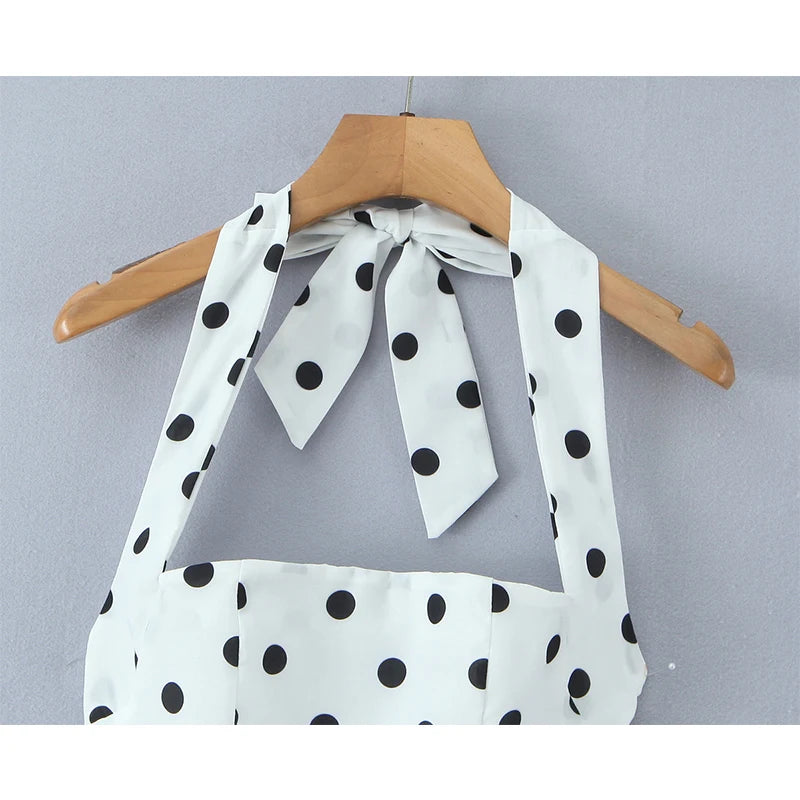 YENKYE Sexy Backless Polka Dot White Halter Ball Gown Dress Women Lace Up Back Elegant Party Dresses Summer Robe