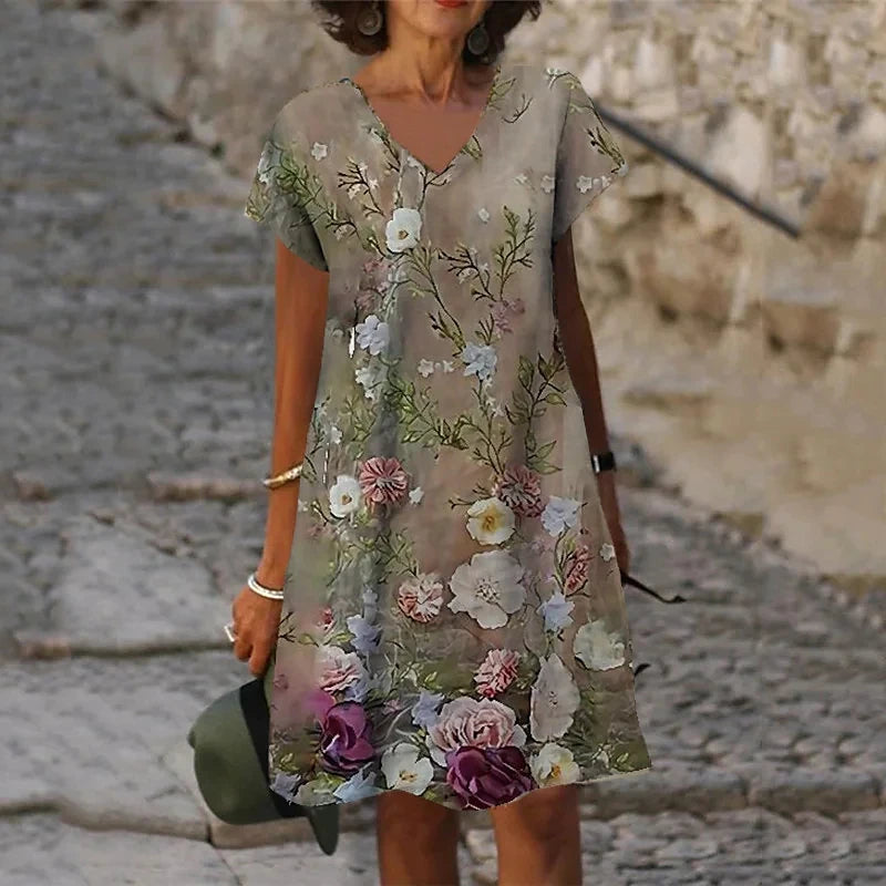 3D Peacock Floral Print Dresses For Summer 2022 New Women Fashion Short Sleeve V-Neck Loose Dress Vintage Oversized Ladies Dress