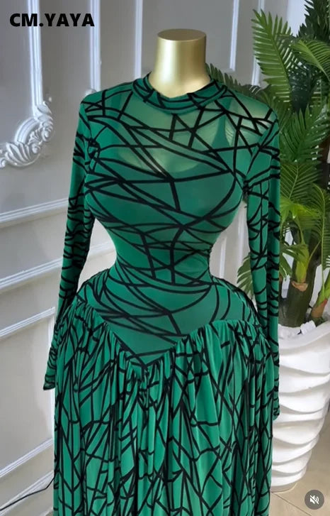 CM.YAYA Women Full Sleeve Printed O-neck Maxi Long Dress 2026 Evening Birthday Vacation Sexy Party Club Vestidos Dresses