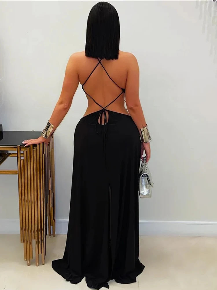 Beyprern Women's Hollow Out O-Rings Metal Long Dresses Fashion Backless Bandage Holiday Dresses Vacation Outfits Sexy Clubwear
