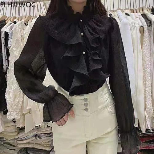 2023 Women Korean Style Design Clothes Flare Sleeve Elegant Office Lady Cute Sweet Basic Shirts Blouses