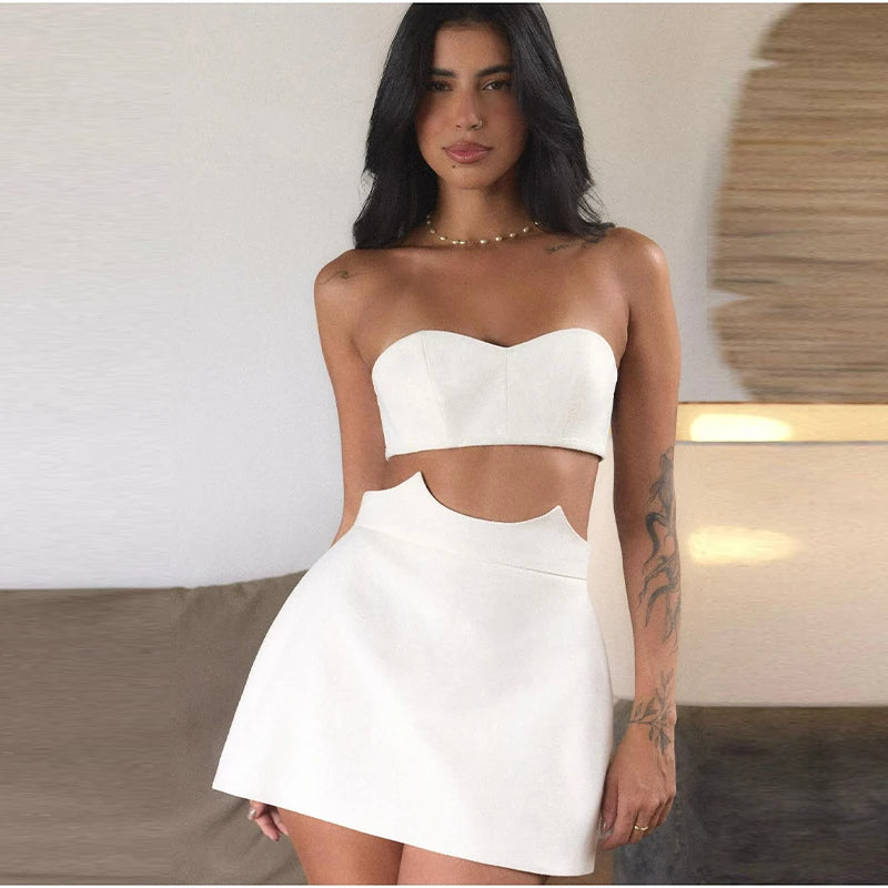 Casual Linen Blend 2 Pieces Sets for Women Strapless Vest Top A Line Mini Skirt Set 2026 NEW Beach Vacation Lady Solid Outfits