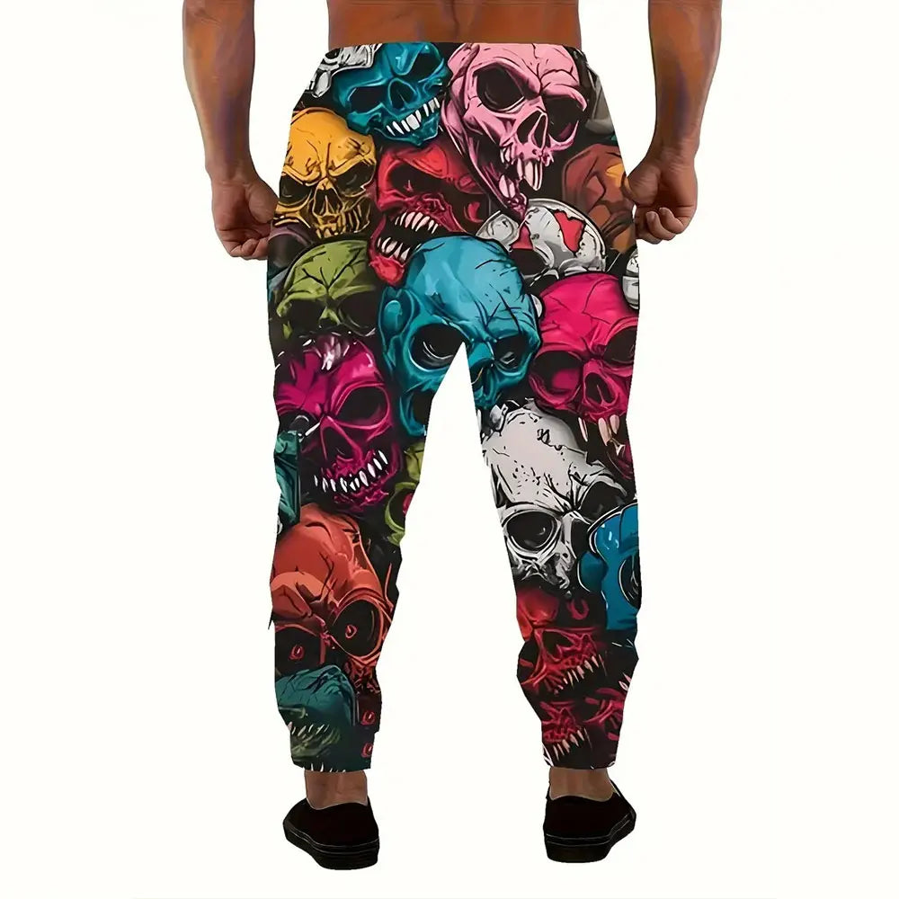 Men's Loose Pocket Draw Rope Sports Sweatpants Winter New Thick Warm Men's Sweatpants Fashion Color Skull Printed Sweatpants