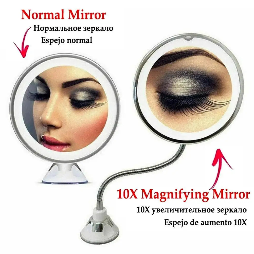 Flexible Gooseneck Makeup Mirror with LED Light 10X Magnifying Mirror Suction Cup Bright Diffused Light And 360 Degree Swivel