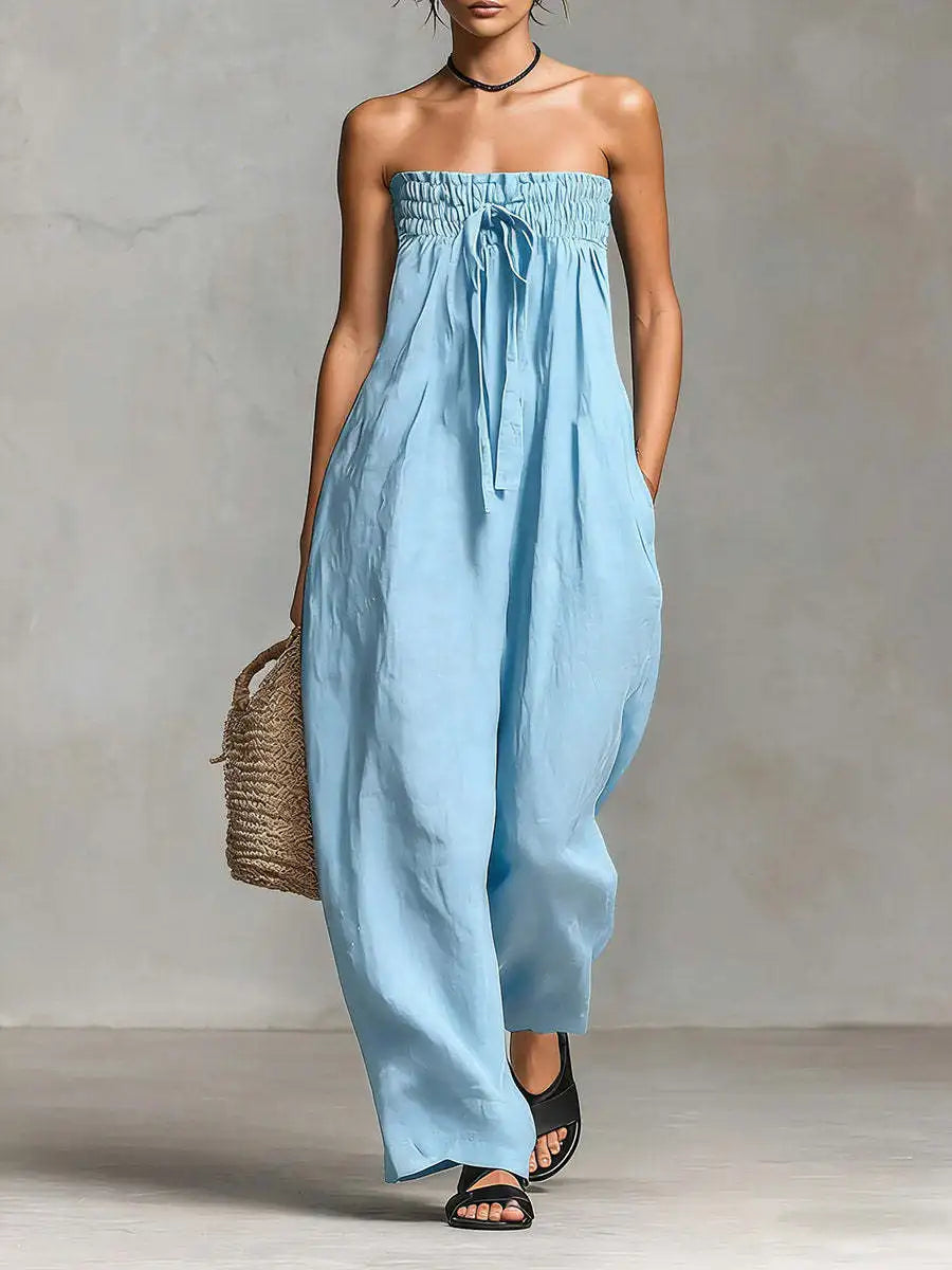 Elegant Sexy Off Shoulder Jumpsuit Women 2026 Summer Ruched Lace-up Sleeveless Backless Romper Casual Wide Leg Pocket Overalls
