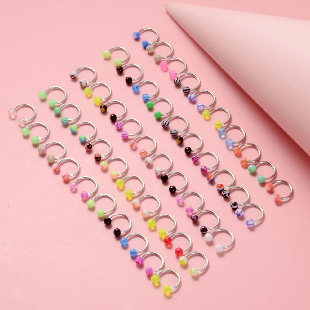 50 Pcs/Lot Mixed Colorful Ball Horseshoe Nose Ring Set Simple Nose Piercing Jewelry Steel Acrylic Nose Studs Body Jewelry