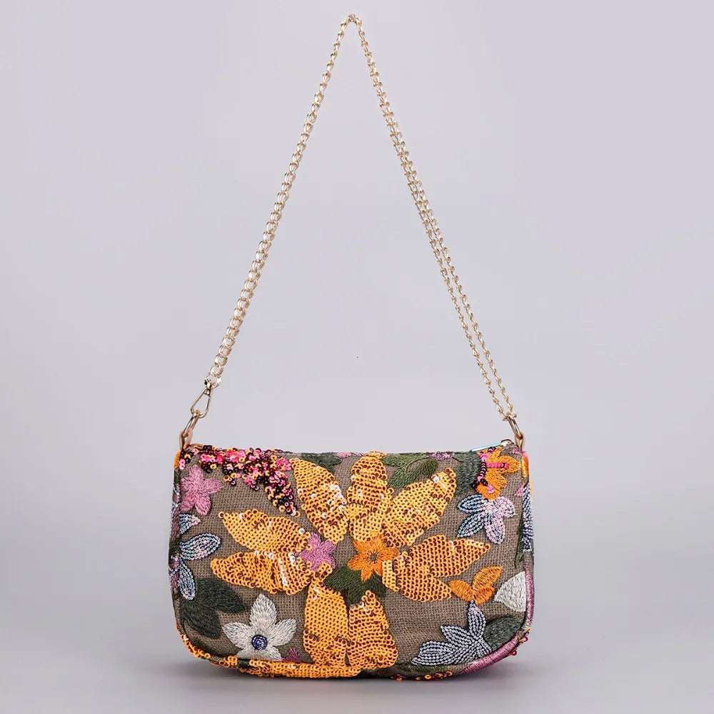 Cute Flower Embroidery Women Shoulder Bags Fashion Sequin Chains Crossbody Bag Summer Casual Beach Bag Hobos Handbag and Purse