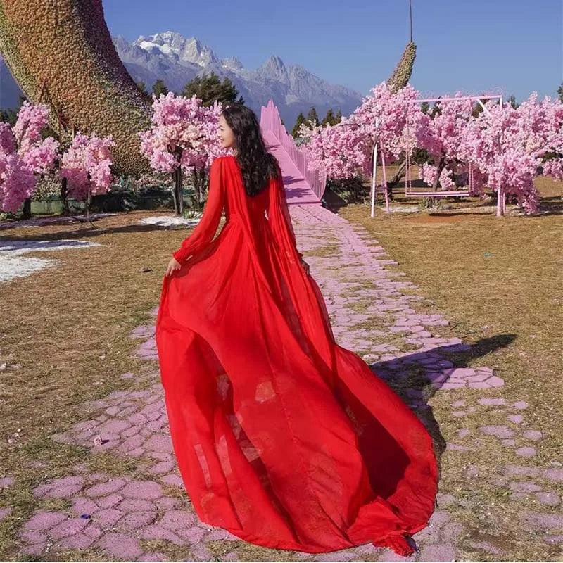 2026 Spring/Summer Silk Dress with Charm Seaside Vacation Beach Dress Red Extra Long Tailed Long Dress White Elegant And Gracefu