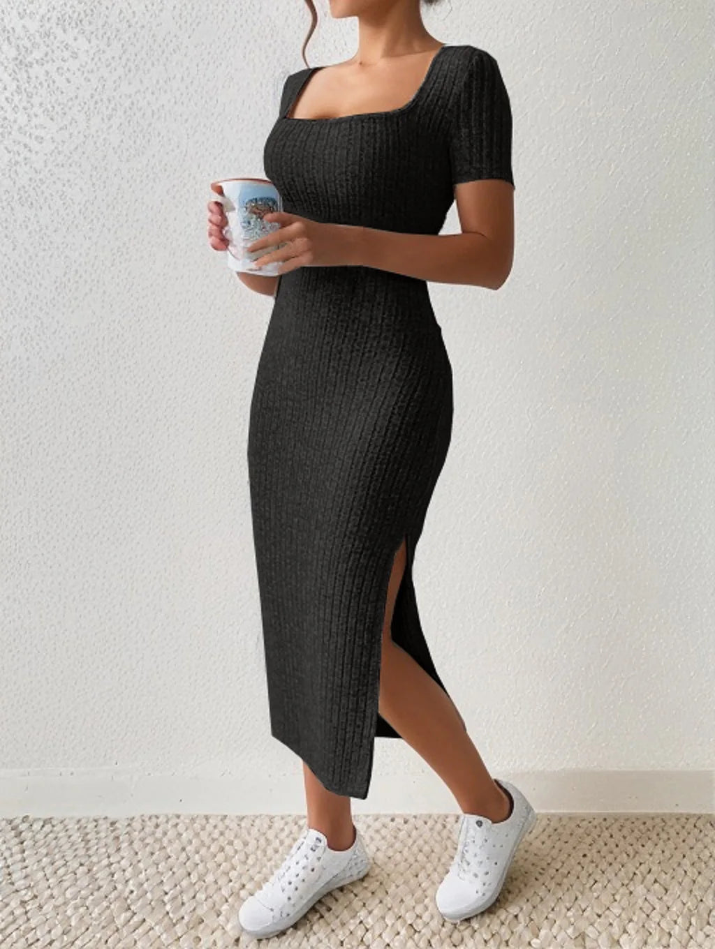 Summer Dresses for Women square neck hip-covering mid-length skirt short-sleeved versatile knitted slit dress